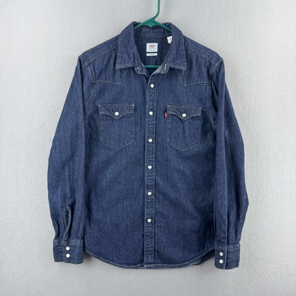 Levis Denim Shirt Mens Small Pearl Snap Western Cowboy Long Sleeve Cotton